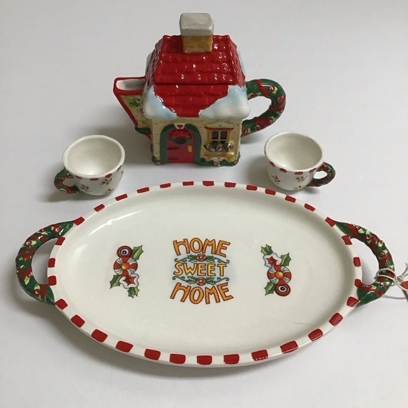 Mary Engelbreit Mini Tea Set Home Sweet Home 2000 Christmas Touches Ceramic NEW - Picture 3 of 10